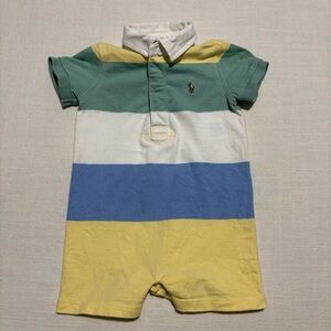 Ralph Lauren Baby Boy's Striped Cotton Jersey Rugby Shortall Bodysuit | Size 9M
